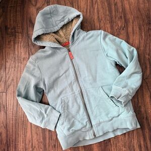 Mini Boden Light Blue Sherpa Lined Zip Up Hooded Jacket Sweater | Size 7-8